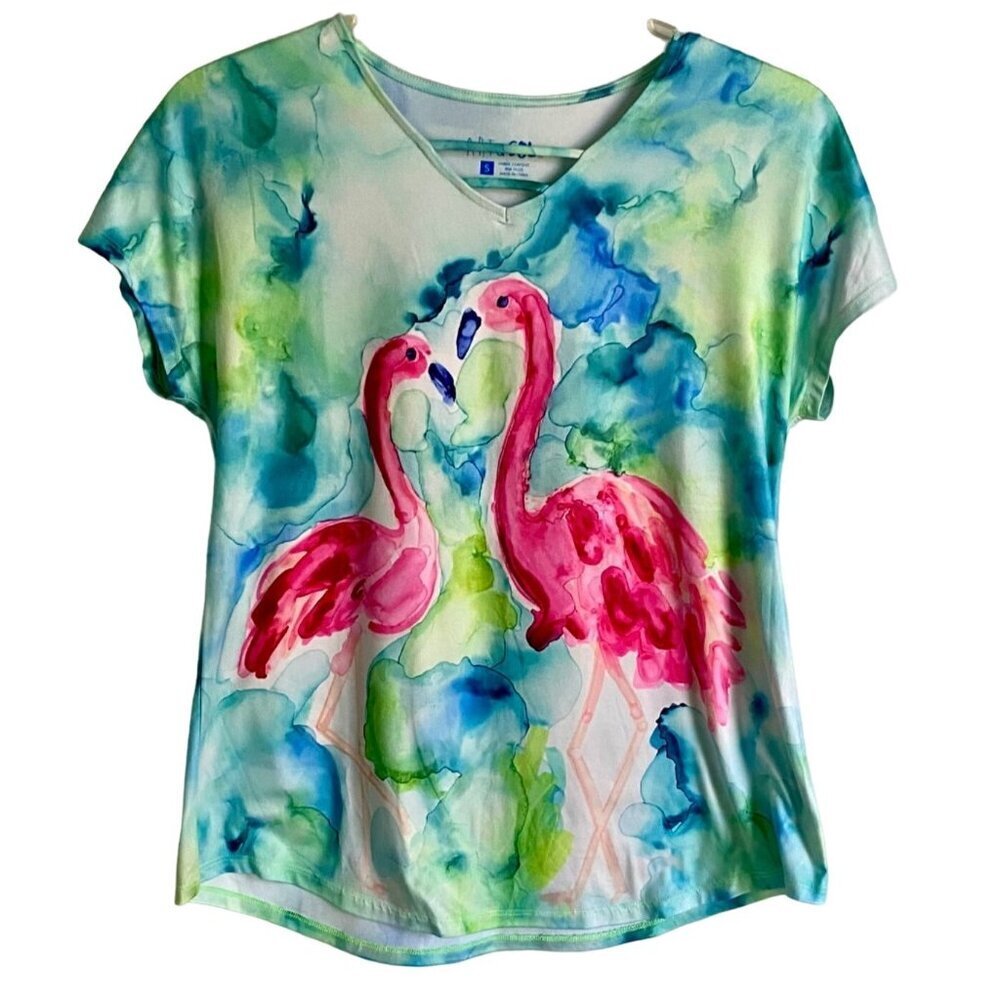 Art & Sol Colorful Flamingo Print Short Sleeve Top Women's Small NEW